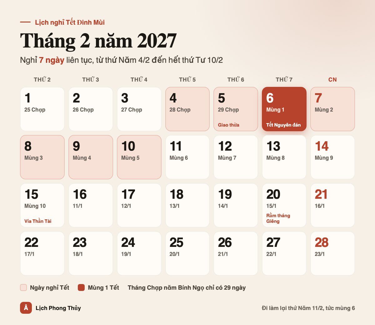 Lịch nghỉ Tết tháng 2 năm 2027